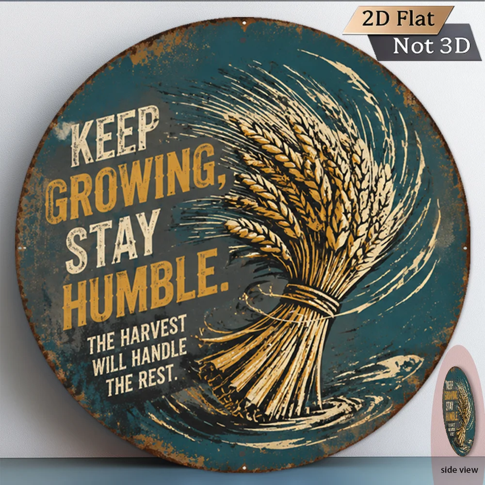 2D Flat, [2D Flat] 1pc 2D Flat 8x8 Inch Vintage Round Aluminum Plaque, Grower's Humble Retro Style Tin Wall Sign, Dynamic Wheat