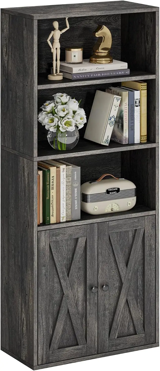 IRONCK 5-Tier Bookshelf, 11.8in Depth Bookcase with Doors Industrial Book Shelf with Storage,Floor Standing Display Storage Shel