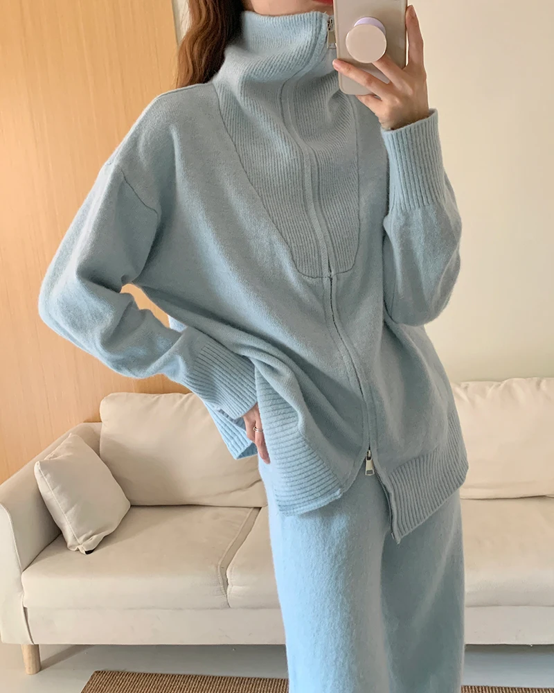 Hirsionsan Loose Thick Women Suits Soft  2 Pieces Female Sets Zip Cardigan Sweater & Wide Leg Pants Soft Knitted Track Suit 2023