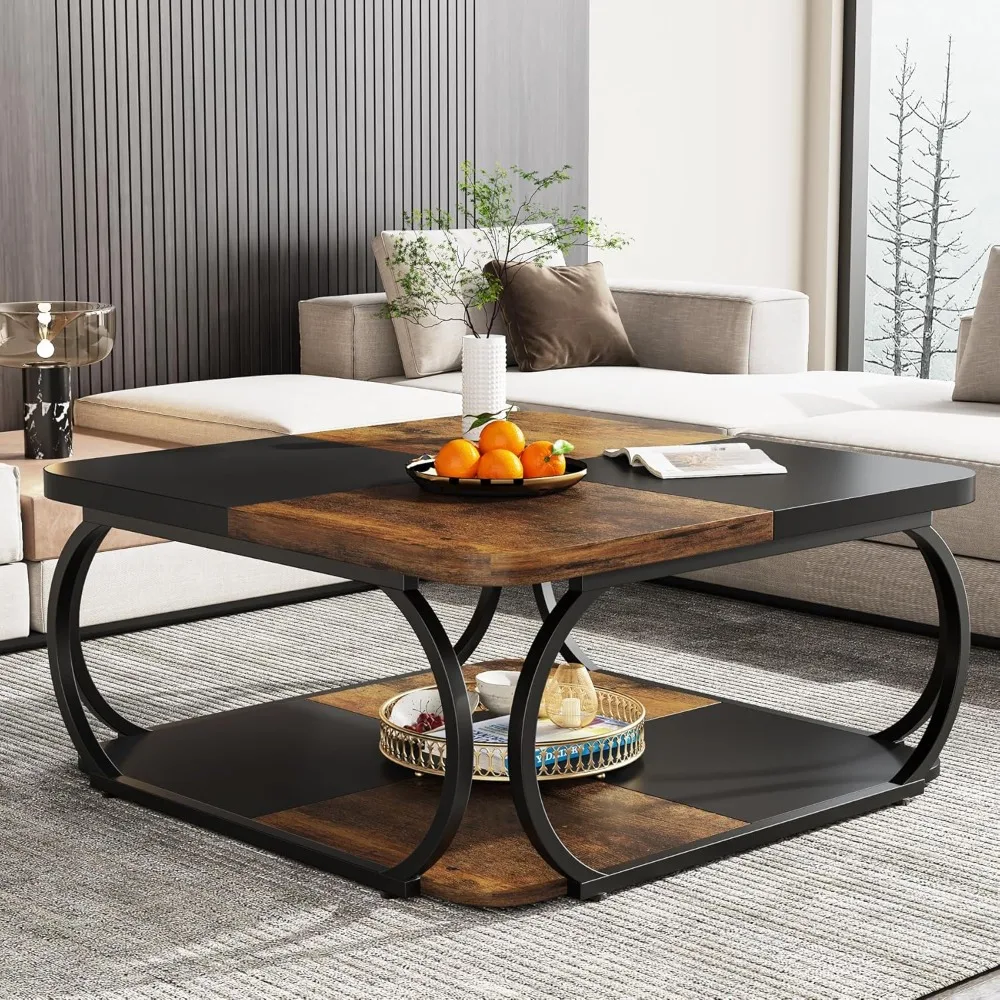 

two-tier square coffee table, 40-inch tall farmhouse style with wood storage shelf and durable metal curved frame