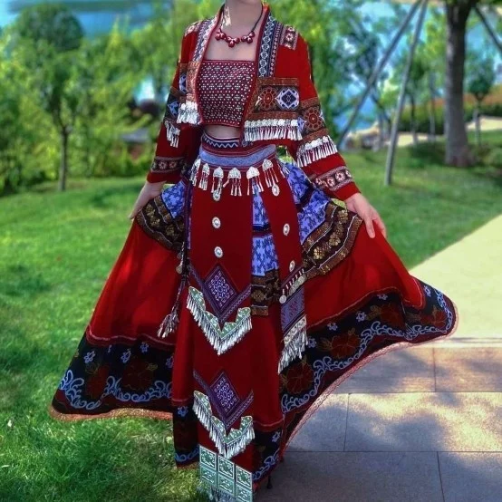 Miao National Dance Costumes Women Elegant Costume Chinese Traditional Classical Dance Dress Performance Costume Three Piece Set
