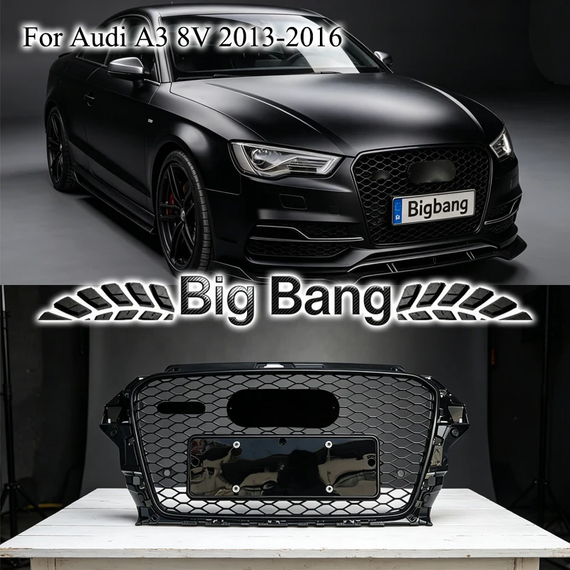 Suitable for Audi A3 8V 2013-2016 car grille modification RS3 style front grille with glossy black frame and honeycomb mesh.