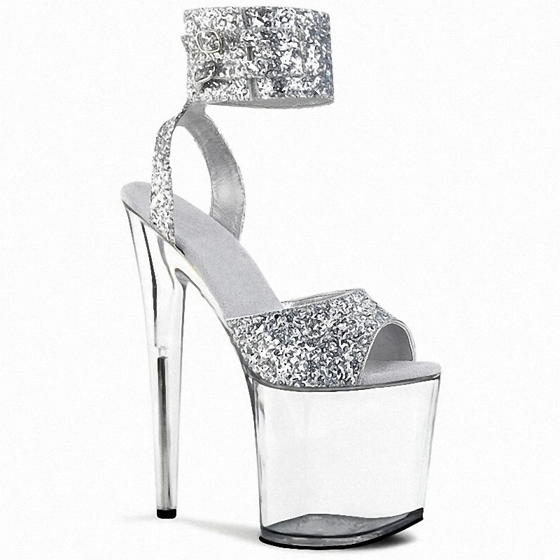 Silver Peep Toe Bling Sequin Thin Heels 8Inch Exotic Dancer Platform Strip Pole Dance 20cm Pole Dance Shoes Big Size Party Dress