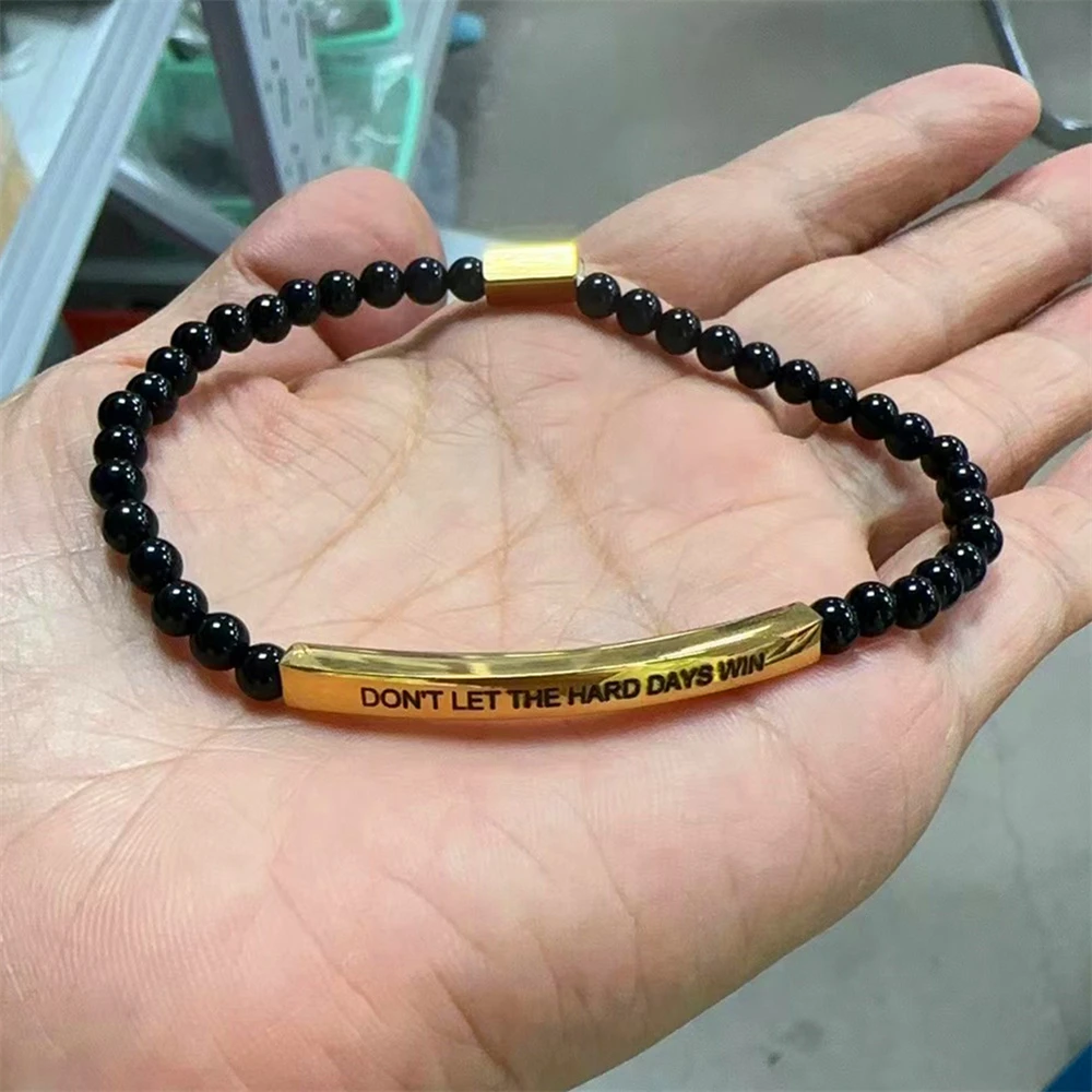 

Boho Beaded Stretch Bracelet Custom Name Engraved Bar ID Bracelets Black Obsidian Metal Beads Personalized Mom Gift for Women