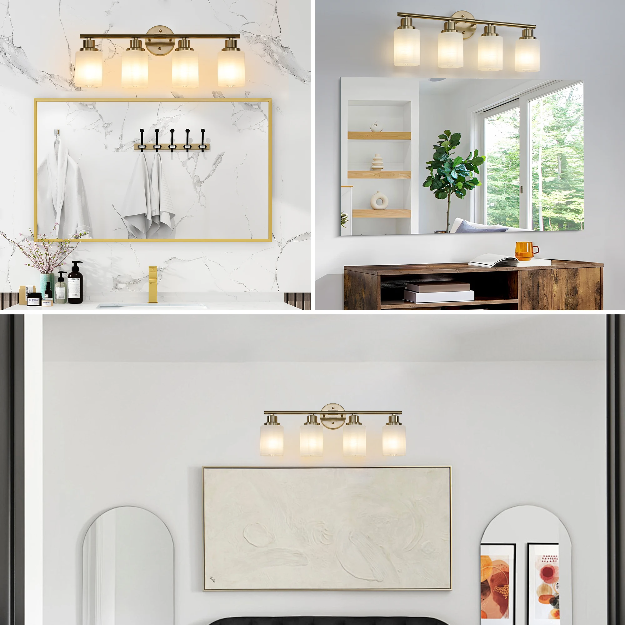 Luz moderna para espejo de baño de 4 luces de 24", vidrio blanco esmerilado con marco de hierro, aplique de pared contemporáneo