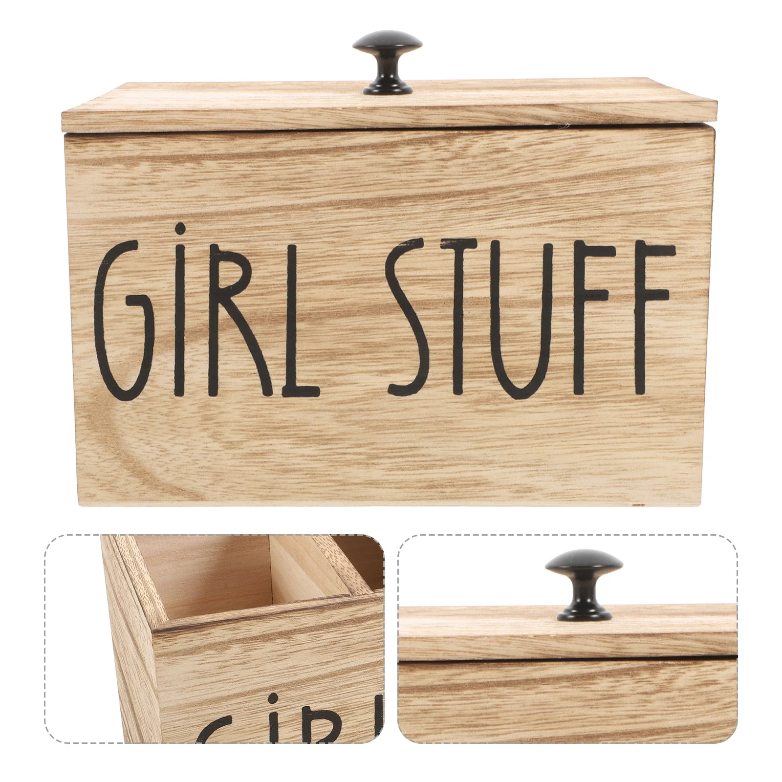 Drewniany pojemnik na podpaski higieniczne z pokrywką, przegródki, organizer na artykuły higieniczne dla kobiet, rustykalny organizer na blat toaletki, organizer łazienkowy.