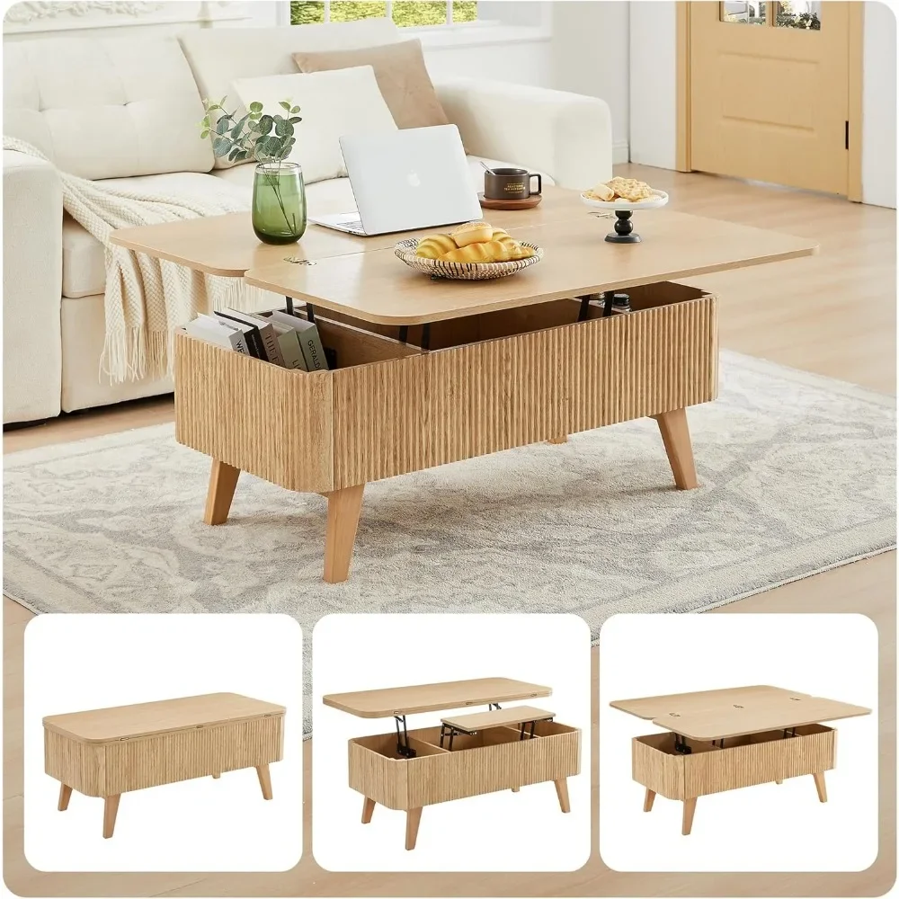 Z 3 In 1 Fluted Convertible Lift Top Coffee Table Converts To Dining Tables Modern Oval Wooden Center Table For Living Room Home