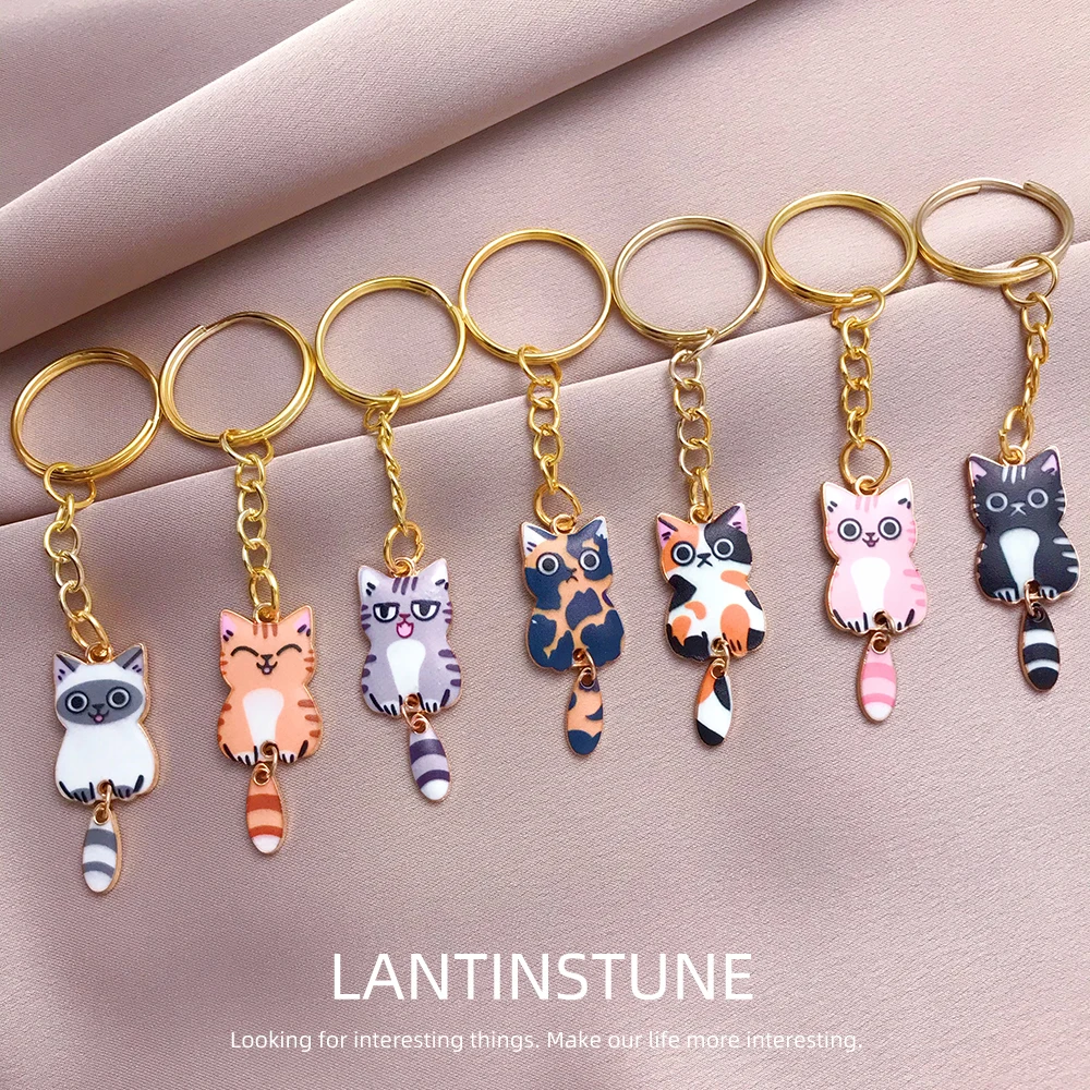 Cute Enamel Alloy Hanging Tail Cat Keychain For Women Colored Cat Ear Gold Color Young Girls Key Rings Jewelry Lovely Gift N821