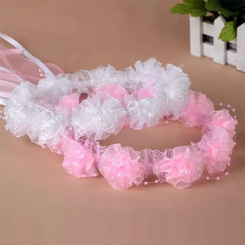 39BD Kids Girl Wedding Headband Mesh Flower Adjustable Ribbon Crown Wreath Faux Pearl Beading First Communion Photo Props