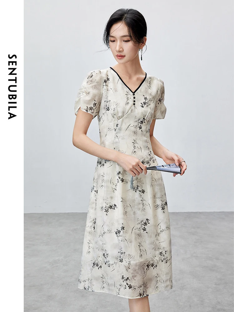 

SENTUBILA Chinese Style Bamboo Print Dress Women's 2024 Summer A-line V Neck Petal Sleeve Elegant Women Dress 142L55257