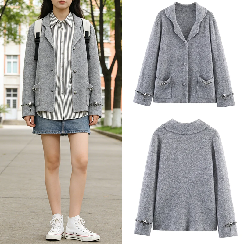 

Women's Gray Knit Blazer Coat Pearl Embellished Pocket Lapel Collar Button Casual Office Cardigan Jacket
