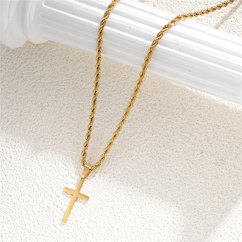 Stainless Steel Cross Pendant Necklace for Men Boys 18K Gold Plated Silver Simple Twisted Chain Fashionable Jewelry Beach Party