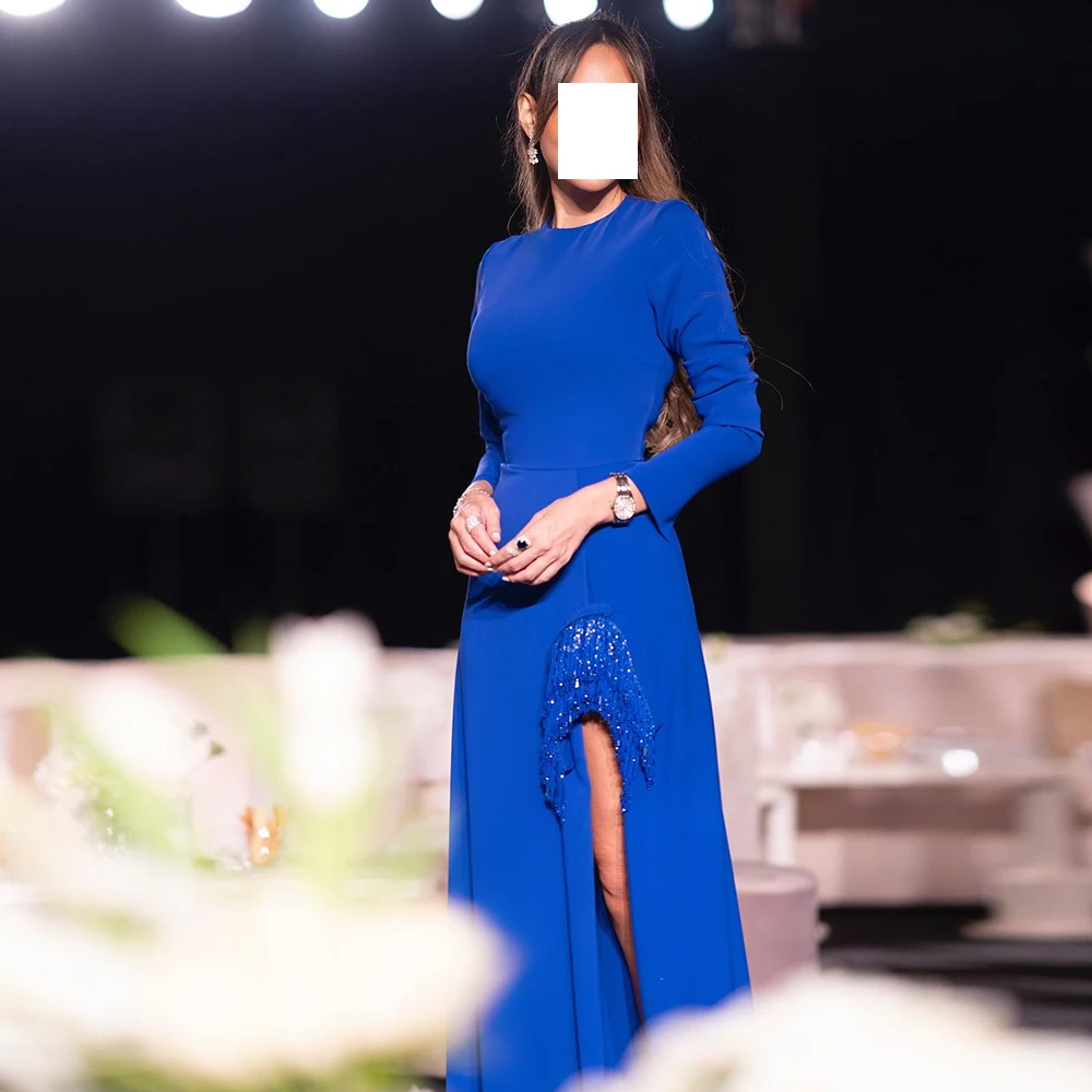 

Elegant Party Dresses Woman 2024 High Collar Long Sleeve Side Silt Jersey Solid Color Scoop Sequined Straight Bridesmaid Gowns