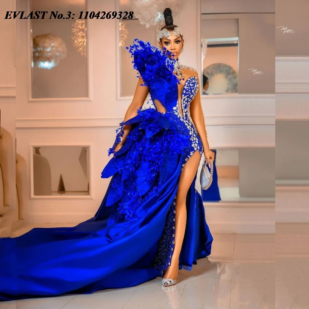 EVLAST Angepasst Prinzessin Royal Blue Spitze Meerjungfrau Prom Kleid Hohe Schlitz Aso Ebi Kristall Perlen Party Kleid Robe De Soirée E3P603