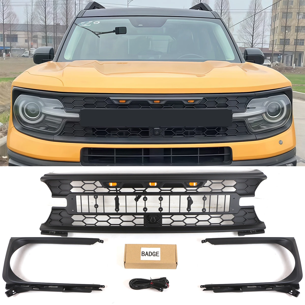 

Front Grille Fit For 2021-2025 Ford Bronco Sport Black Upper Grill W/Light