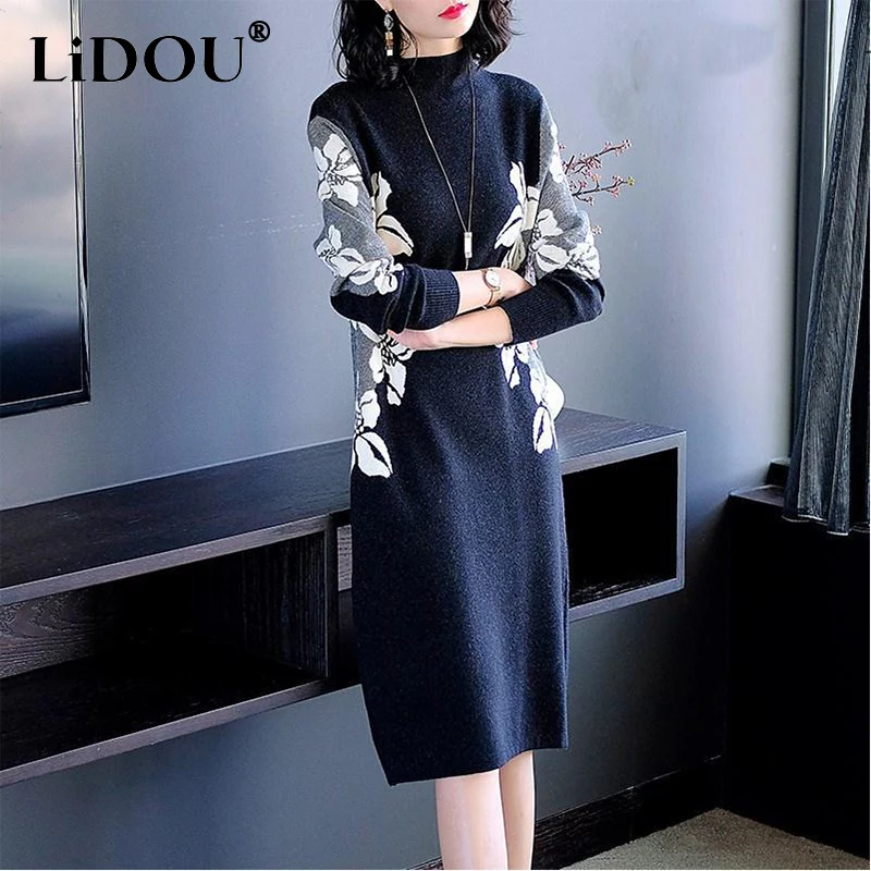 Autumn Winter Half High Collar Vintage Printing Robe Female Loose Casual All-match Dress Women Elegant Fashion Knitting Vestido