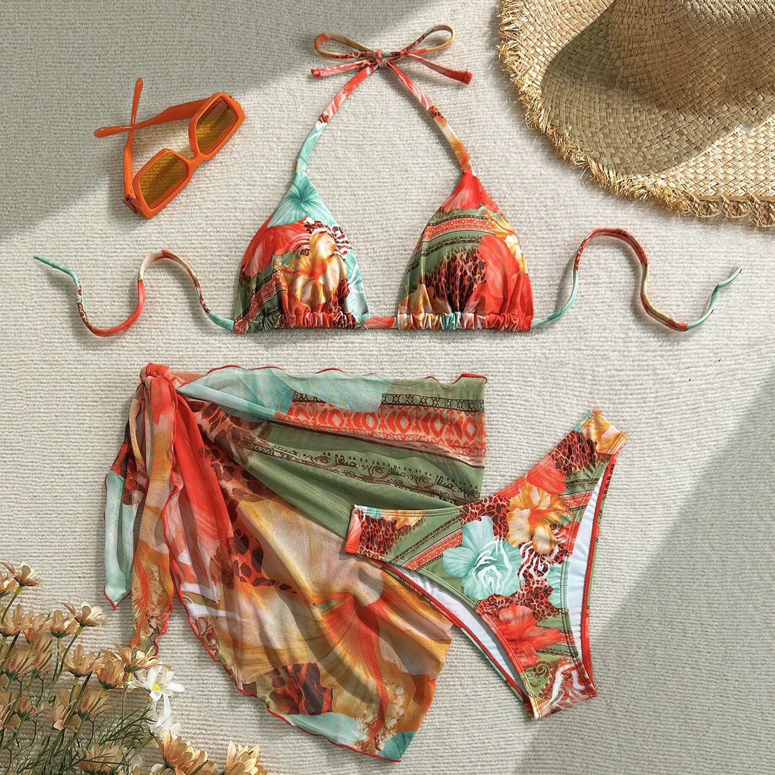 

Оранжевый цветочный принт, купальник с лямкой на шее, треугольные комплекты бикини, комплект из 3 предметов, сексуальный купальник для женщин, 2026 пляжная одежда, бикини