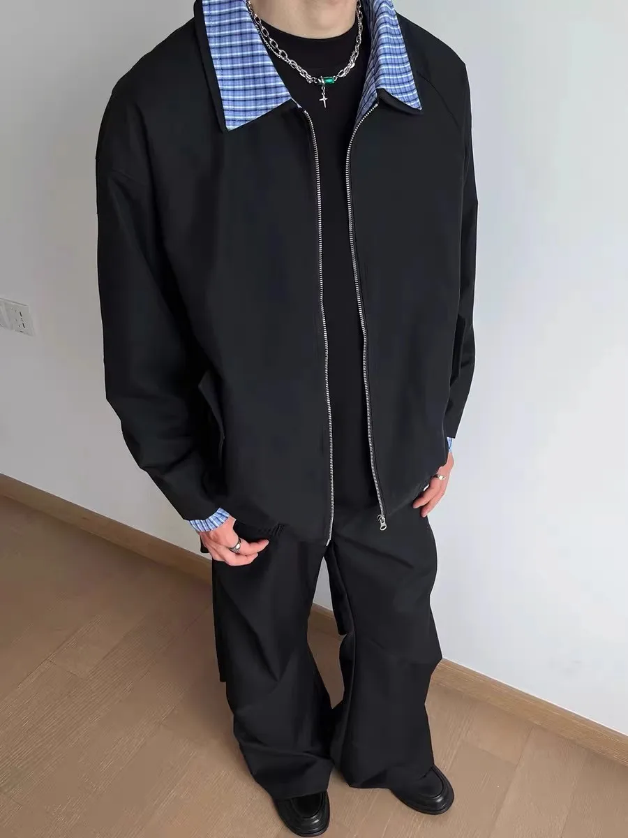 

Cleanfit Plaid Patchwork Collar Loose Men's Jaet Autumn Casual Versatile Design Retro Sle Long Sve Youth Faion