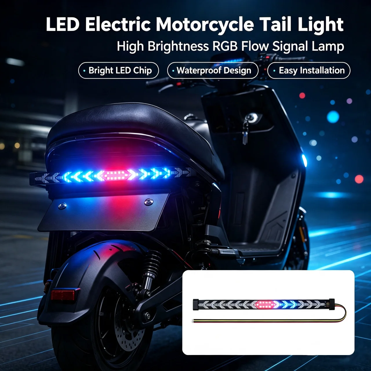 Motorcycle Fishbone LED Tail Light Strip Red Blue Strobe Flash Dynamic Flowing Turn Signal Multi-Mode Car Rear Brake Warn Light