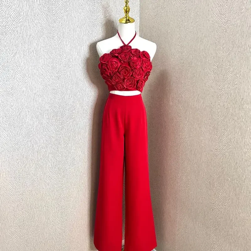 

Sexy Red 3D Rose Flower Two Piece Set Women Halter Crop Top and Flare Pants Elegant Party Club Dress Gown for Wedding Guest