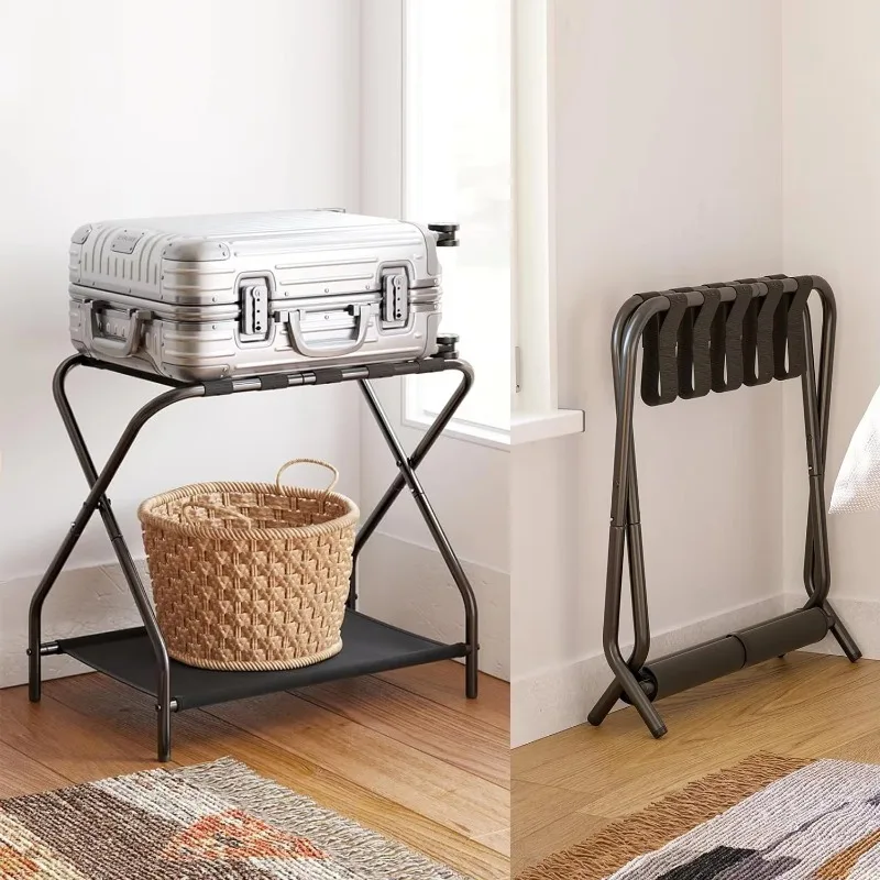 Durable Space-Saving Folding Bamboo Luggage Rack Shoe Shelf Sturdy Black Straps Frame Minimalist Multifunctional Commercial