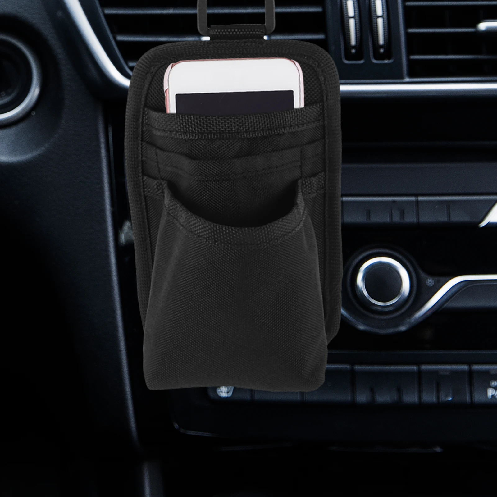 

Car Vent Storage Bag Oxford Cloth Net Pocket Organizer for Phone Power Bank Documents with Hole Black Color