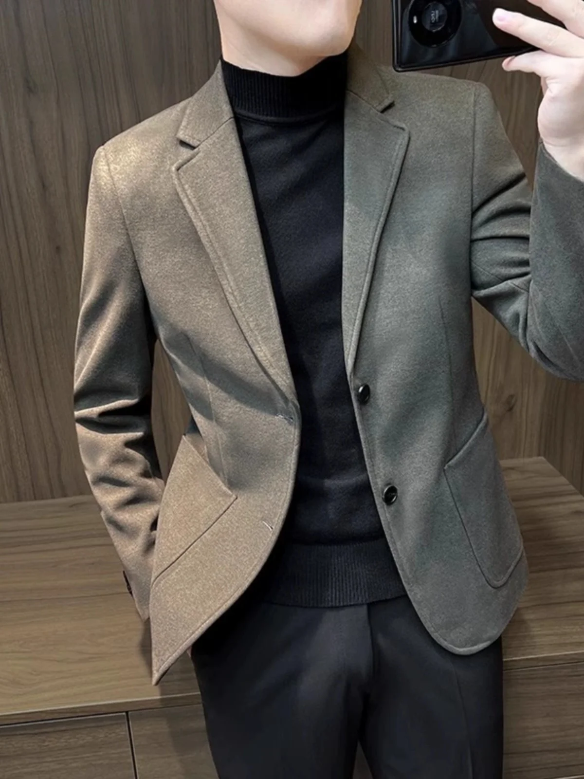 

Мужской повседневный шерстяной пиджак для осени и зимы, модный, с длинным рукавом, на двух пуговицах, однобортный, приталенный крой