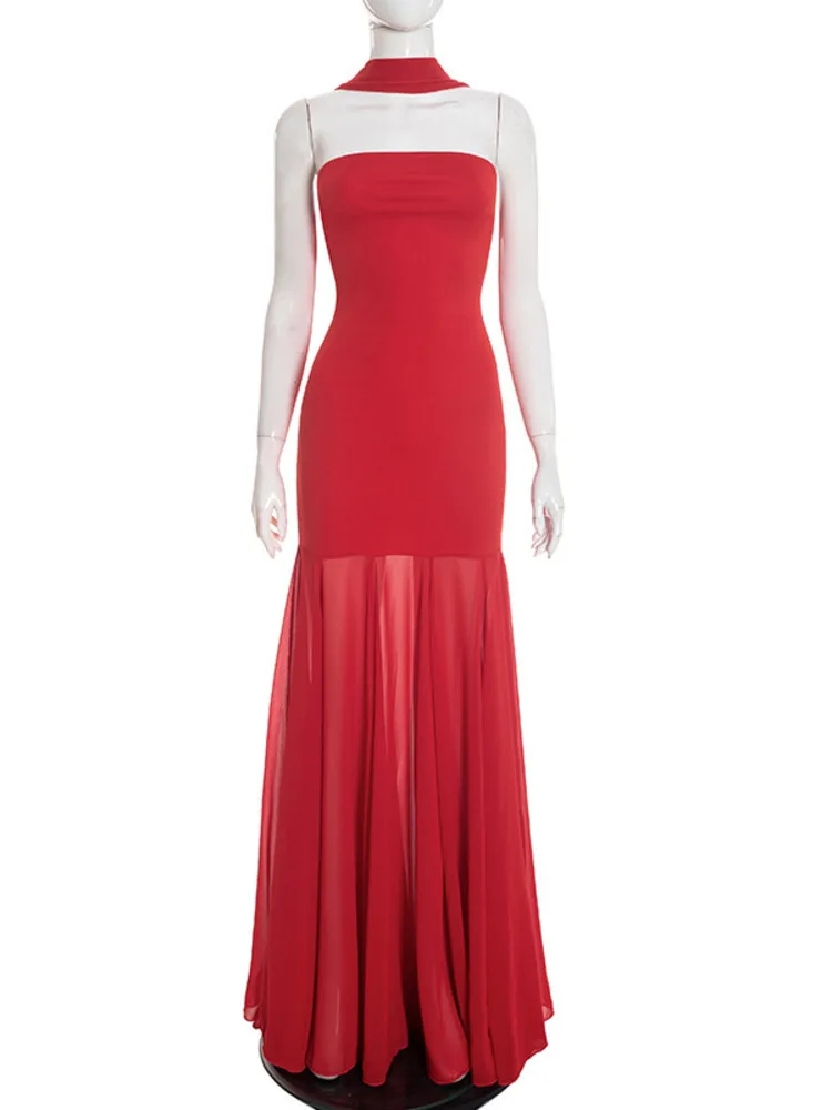 Mozision vestido maxi sexy sem alças, ombro de fora, feminino, elegante, gola cachecol, sem mangas, costas nuas, bodycon, festa, vestidos longos