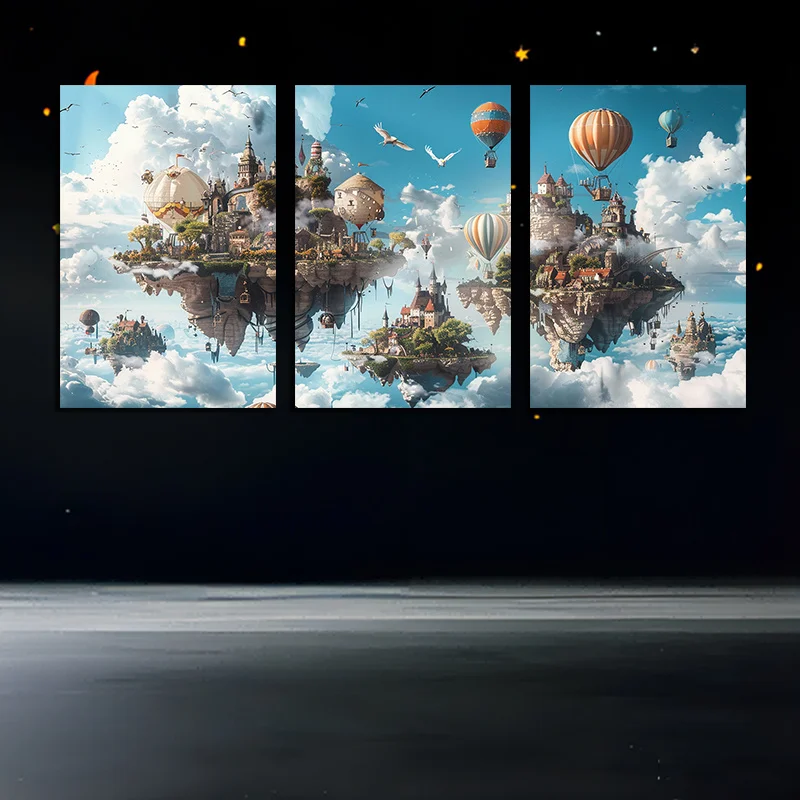 Canvas Wall Art Triptych - Floating Island & Hot Air Balloon Adventure, Frameless 3-Piece Set, Decorative Artwork for Living