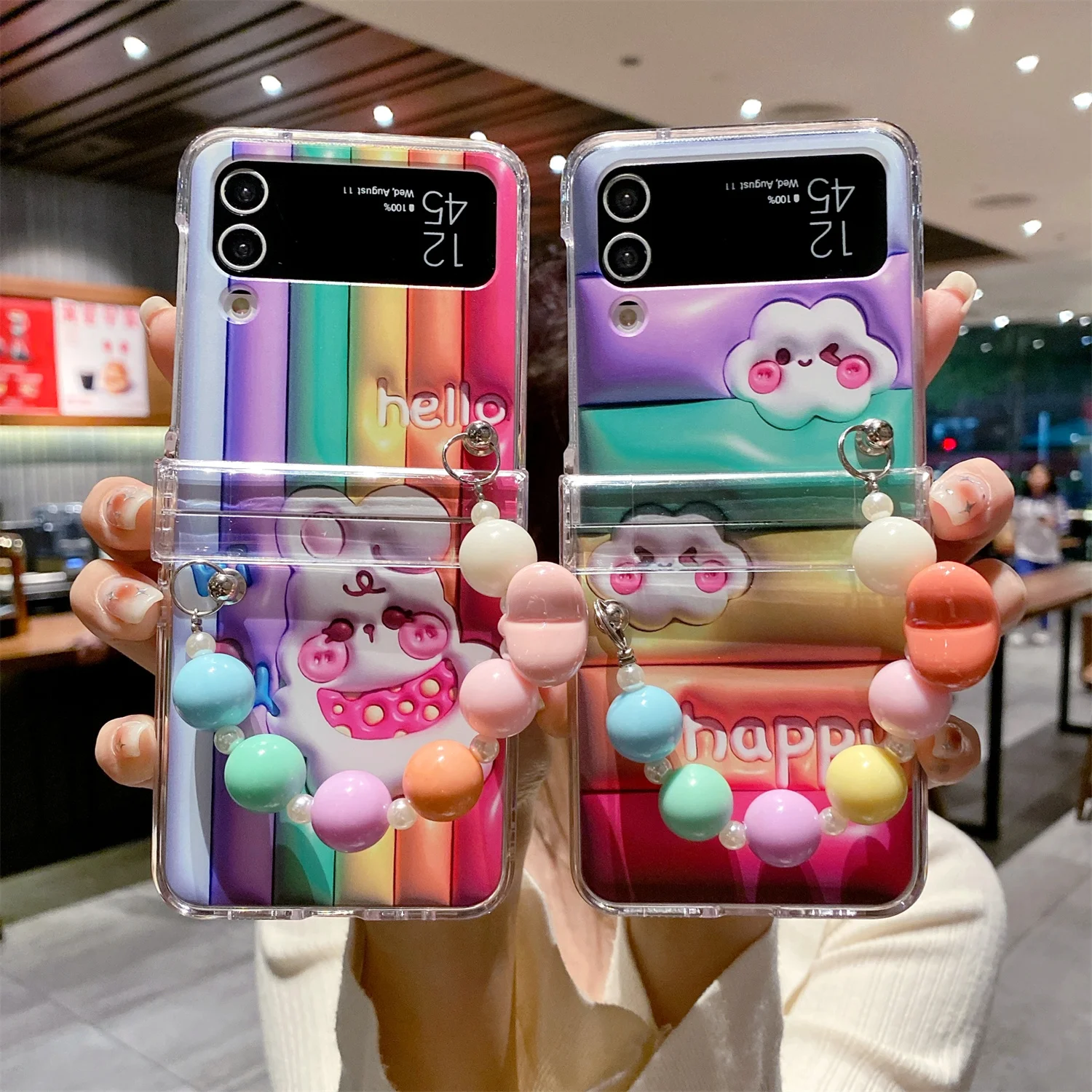 For Samsung Galaxy Z Flip 4 3 Case Fashion Rainbow Rabbit Painted Bracelet Shockproof Cute Back Cover For Samsung Flip3 Case