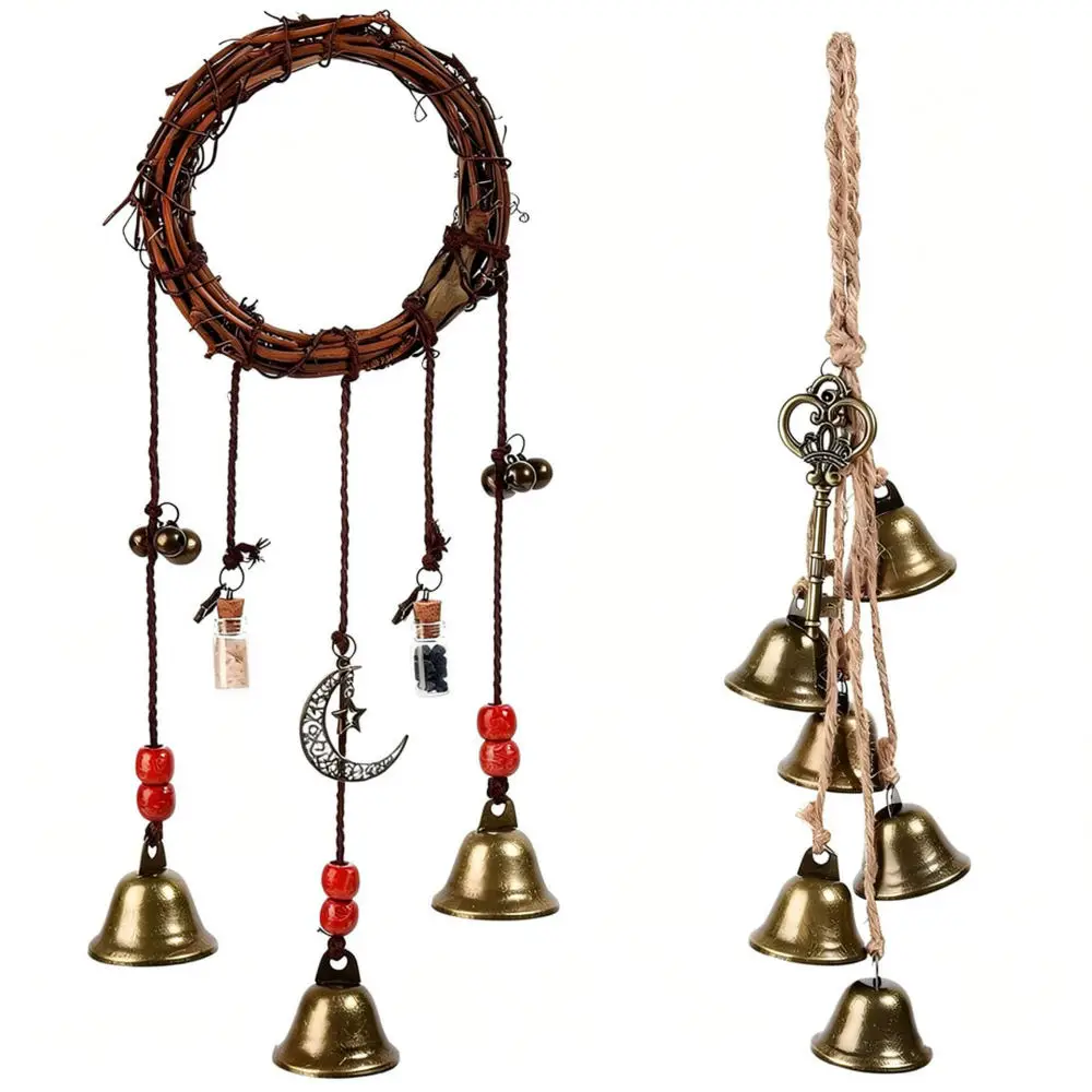 Decorative Bronze Bell Wind Chime Rustic Rattan Hemp Rope Hanging Pendant Vintage Style Ornament For Home Decor