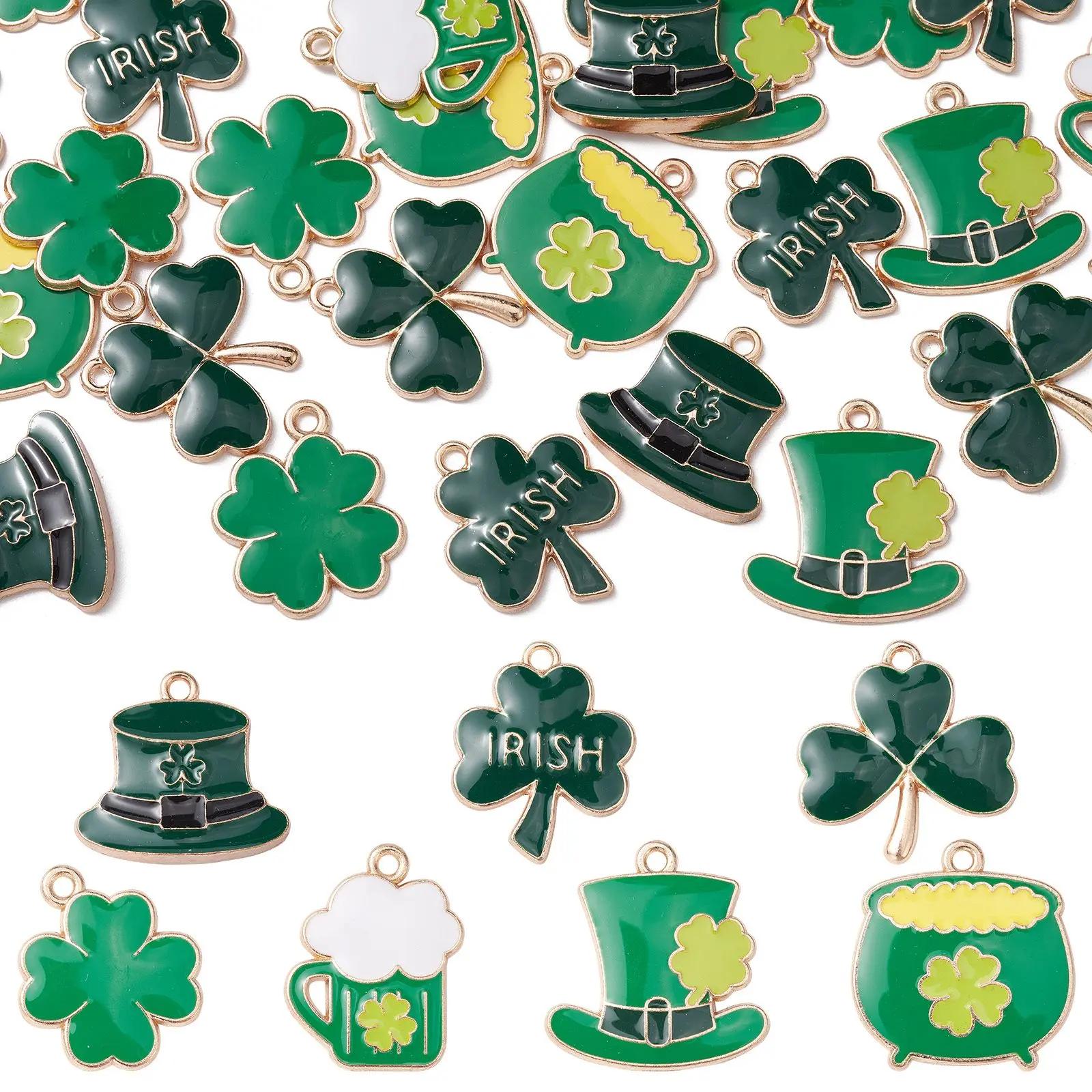 35Pcs 7 Styles Enamel St. Patrick's Day Charms Lucky Clover Hat Beer Enamel Green Charms for Festival Jewelry Making Crafts