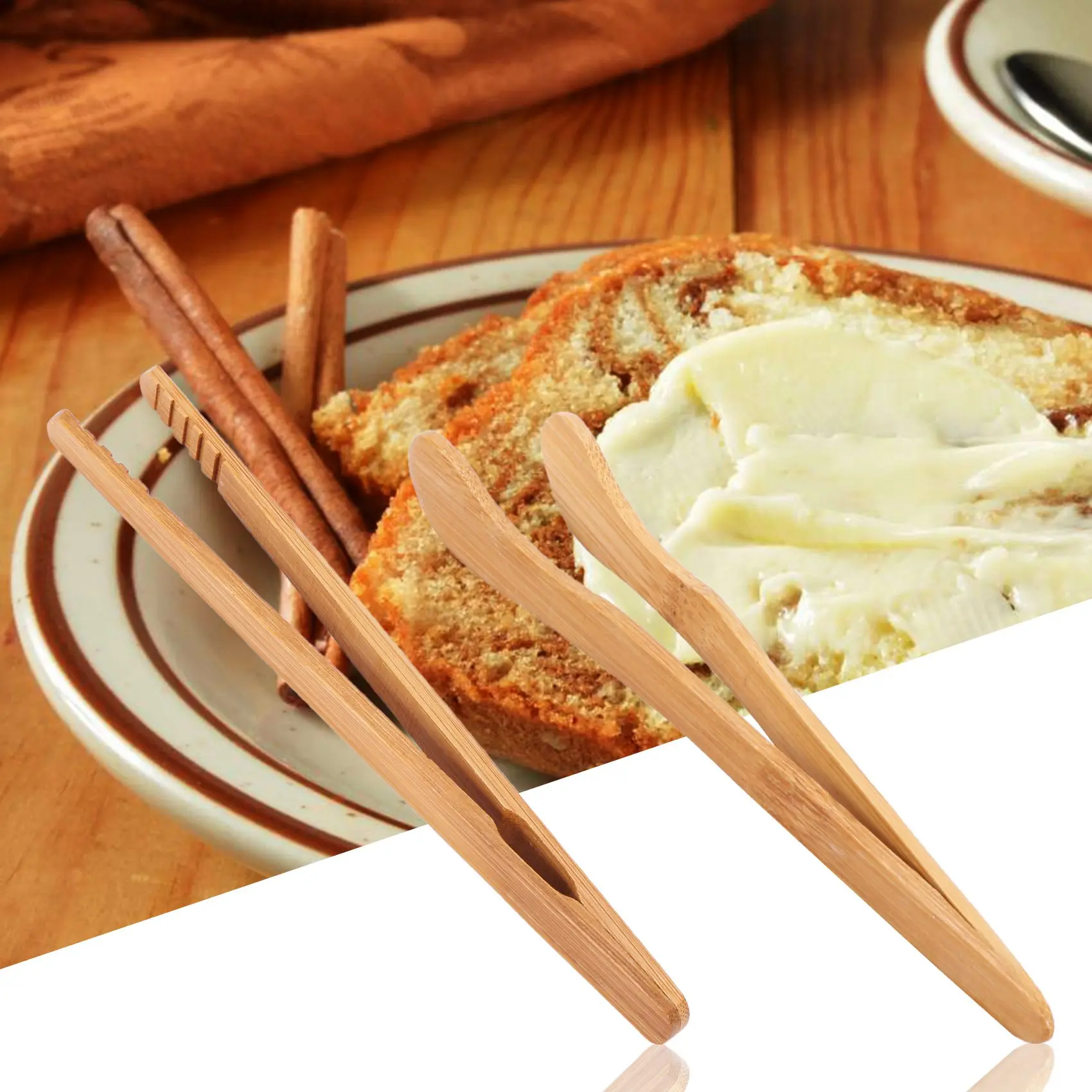 ABUN Bamboo Toaster Tongs 12PCS 7 Inch Reusable Wood Kitchen Cooking Tongs for Toast Bread Fruit Tea Eco-Friendly