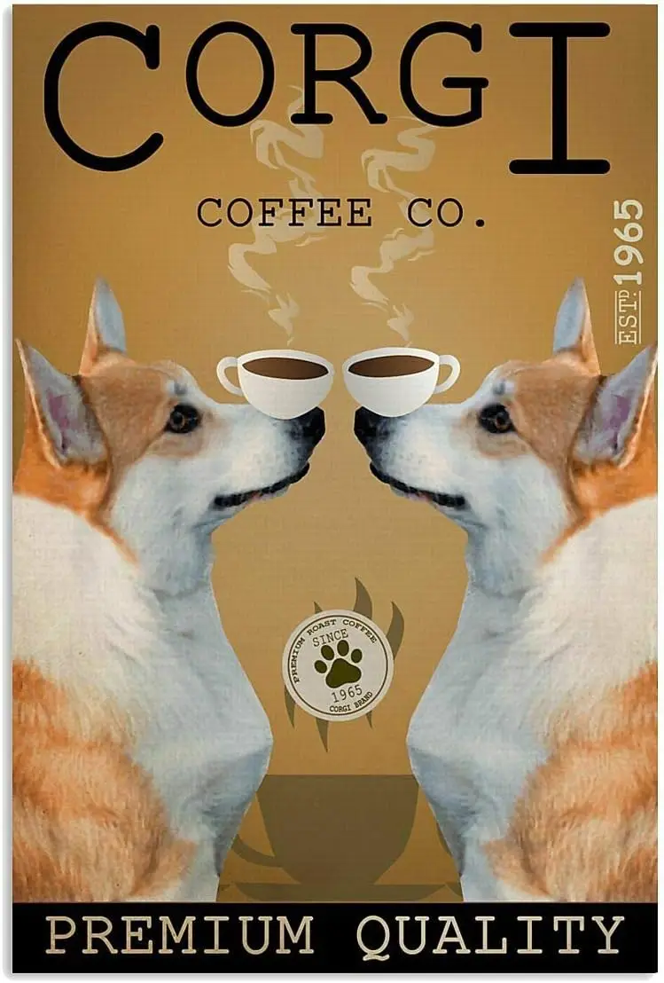Pzecaru Vintage Metal Sign Double Dog Coffee Corgi Poster Tin Sign Plaque Retro Wall Decor For Home Office Bathroom Bar Club