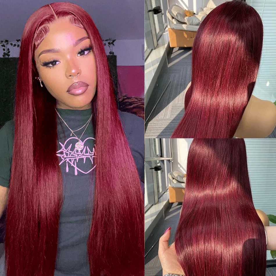 

99j Burgundy Red 13x6 Lace Front Human Hair Wigs Colored Straight 13x4 Hd Lace Frontal Wig 30 34 Inch Closure Red Wig For Women