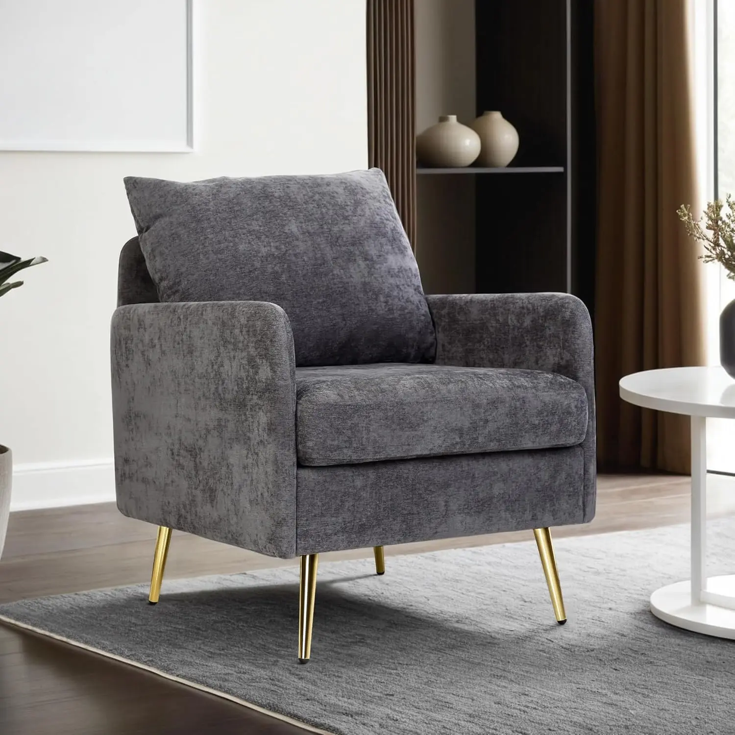 Modern Accent Chair For Living Room, Cozy Upholstered Armchair With Thick Cushion And Golden Metal Legs, Single Sofa Chair With