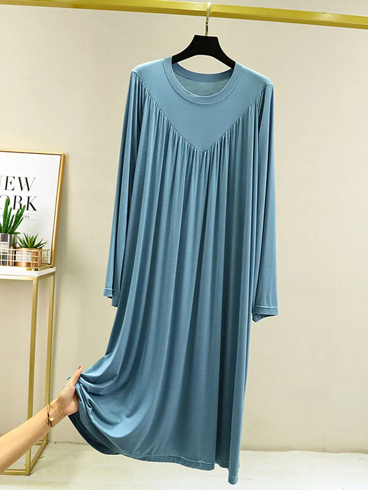 Modal Dress Ladies Nightdress Long-Sleeved Mid-Length Home Service Loose Large Skirt Pyjama