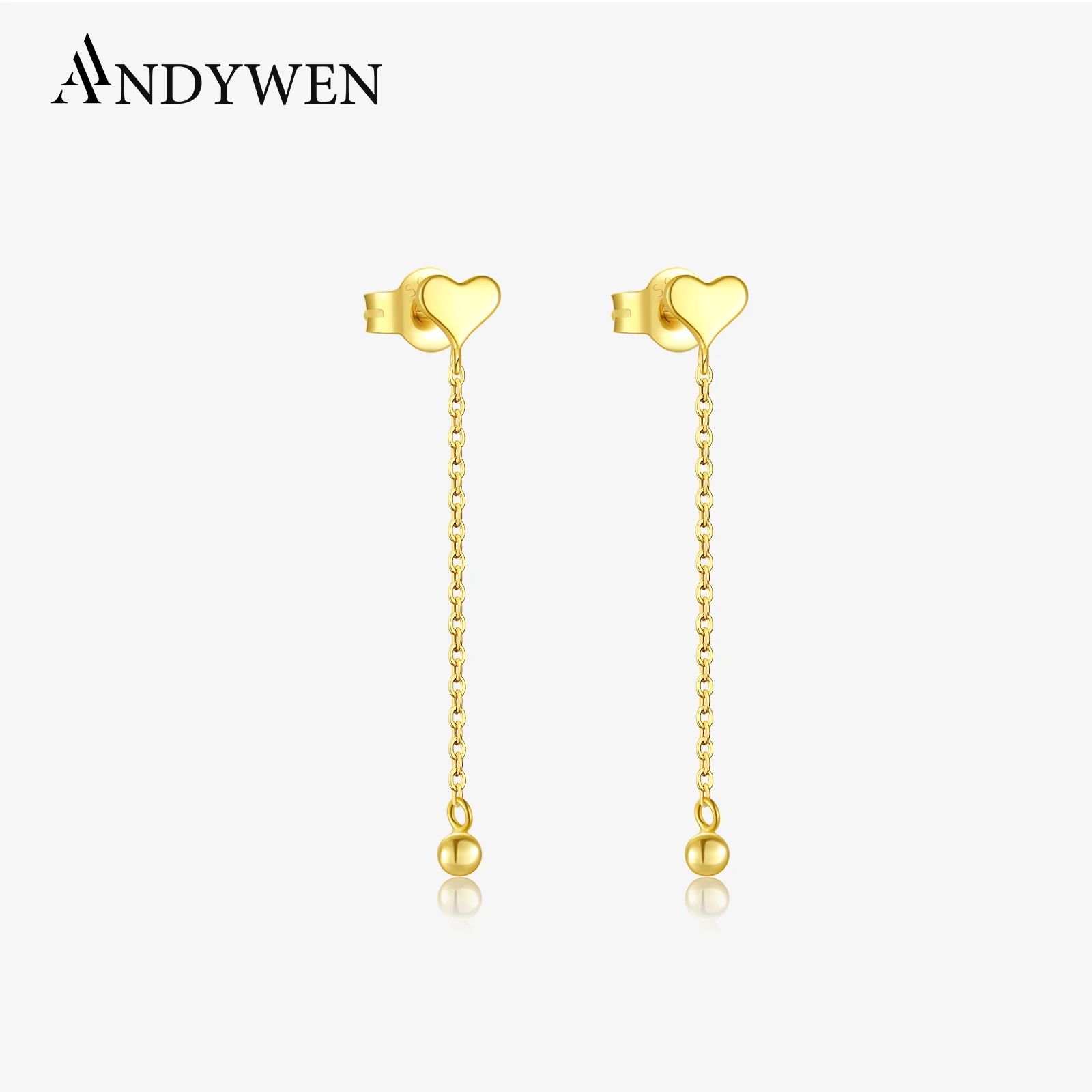 ANDYWEN 925 Sterling Silver Heart Bead Long Plain Piercing Drop Earring 2024 Luxury Delicate Gift Women Wedding Jewelry Gift