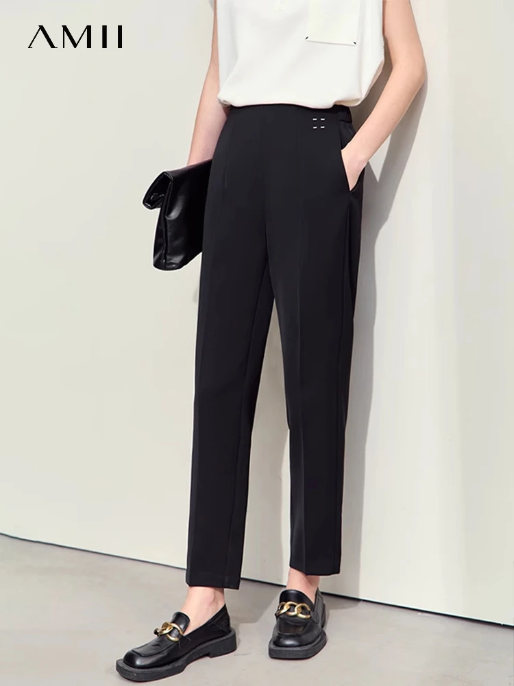 Amii Minimalism Women Casual Pants 2024 Summer New Woven Straight Contrast Color Embroidery Office Lady Solid Trousers 12442220