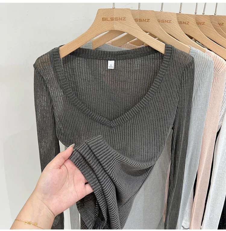 2026 Sommer Neuer Lässiger Stil Transparentes Dünnes Durchsichtiges Überzug-Top Damen T-Shirt V-Ausschnitt Sonnenschutz Langarm T-Shirt – Detail 23
