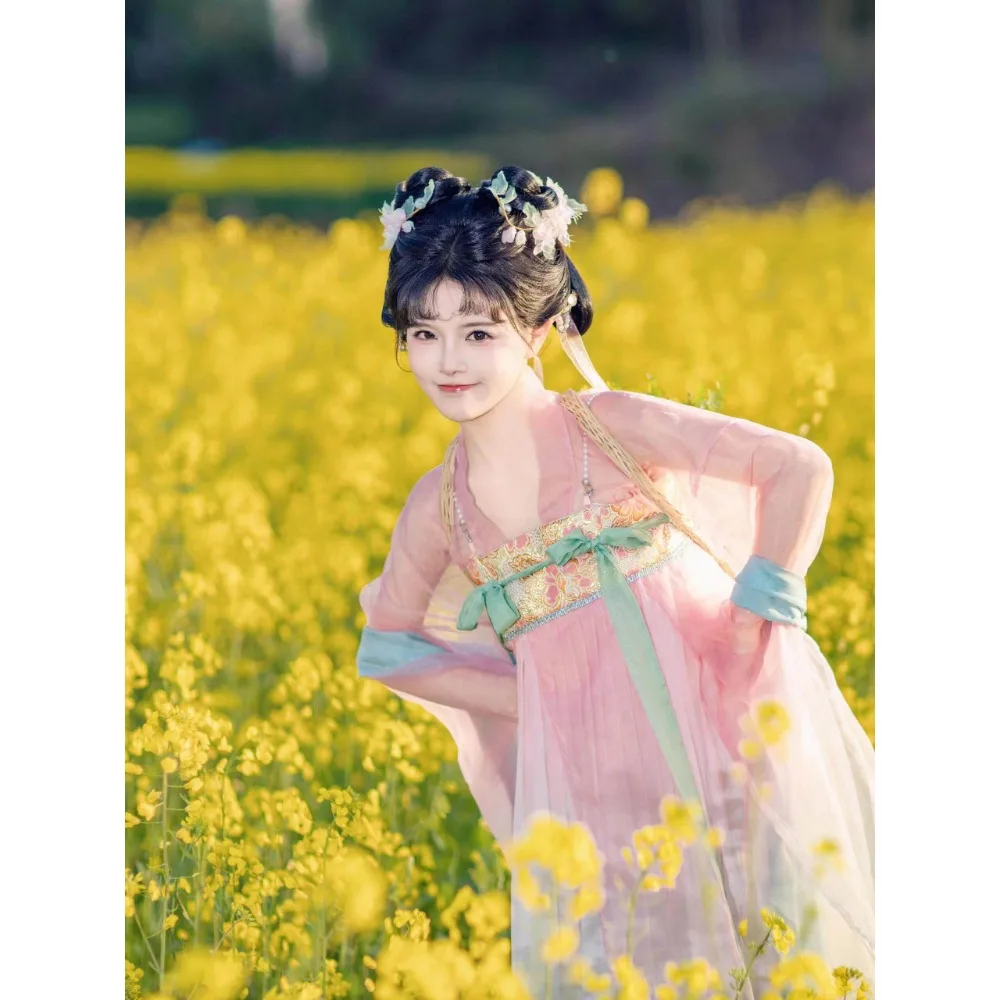 Tang-made Han element chest-length skirt, pink embroidered fairy-style Hanfu