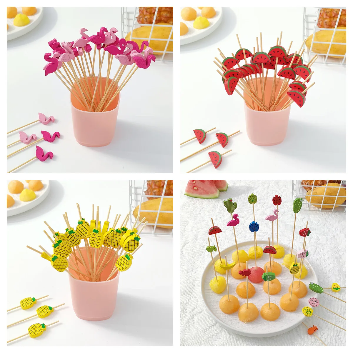 100pcs 12cm Fruit Flamingos Cocktail Picks Summer Fruit Party Drinks Dessert Wooden Toothpicks Wedding Birthday Party Supplies