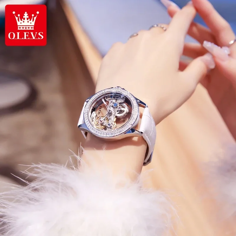 Olevs 6699 automatic watch women luxury lap double sided hollow out waterproof ladies mechanical wristwatch