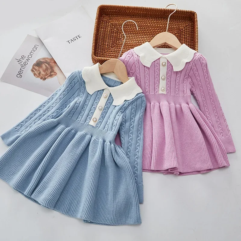 

New Spring/Autumn Kids' Dress Contrast Color Lapel Girls' Knit Dress 2-6Y Beautiful Buttons Princess Dresses Children's Outfit