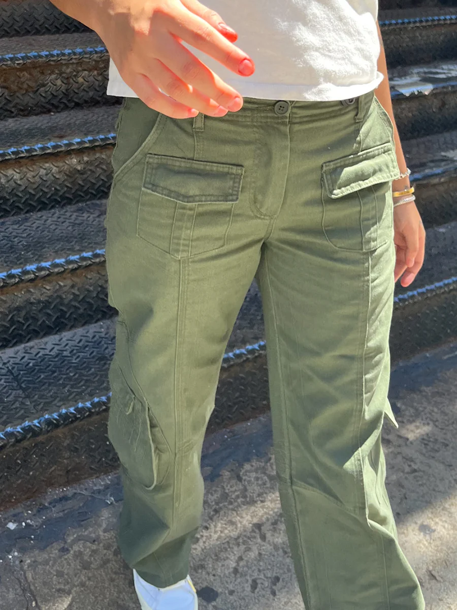 Vintage Casual Green Cargo Pants Women Spring Solid Adjustable Elastic High Waist Straight Pants Retro Streetwear Y2k Trousers