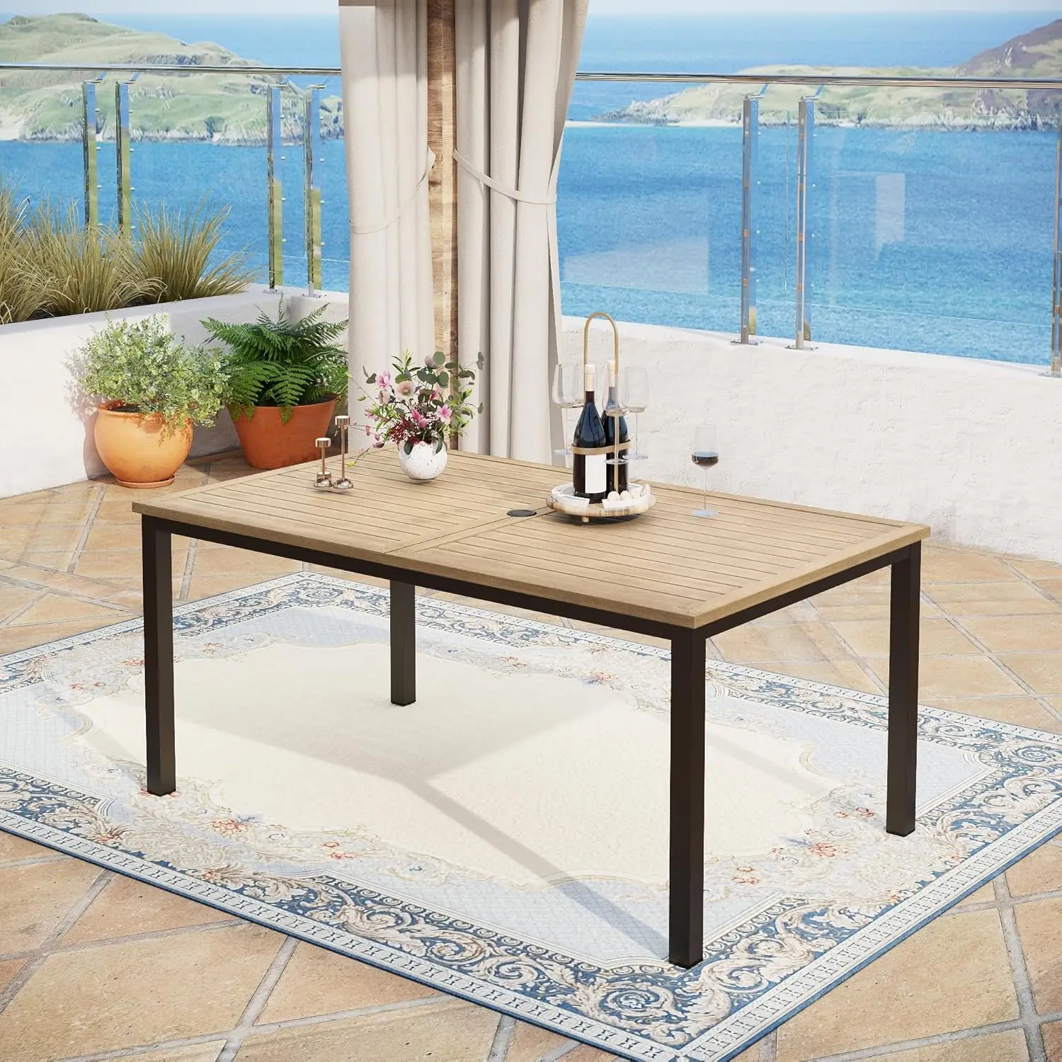 

Outdoor Patio Dining Table for 6, Rectangle Metal Patio Table 64"x38" Wood-Like Tabletop with Adjustable Umbrella, Customized