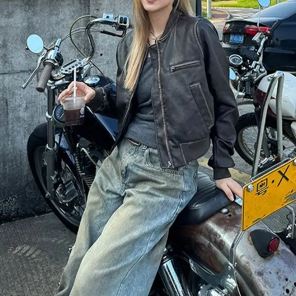 Giacca in pelle da motociclista corta americana antica realizzata per donna Nuova giacca Maillard retrò a maniche lunghe Top versatile