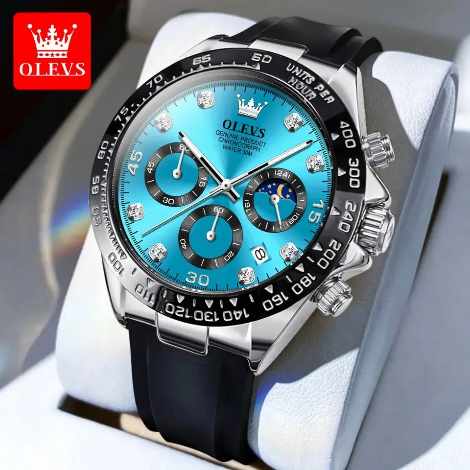 OLVES Quartz Watch for Men Silicone Strap Moon phase Date Chronograph Dial Waterproof Luminous Fashion Business Men\'s Wristwatch