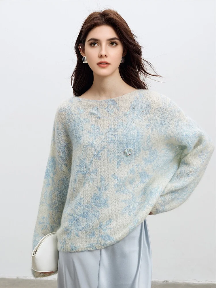 SuyaDream、女性用プリントプルオーバー、羊毛セーター、ビーズ、ラウンドカラー、2025秋冬ファッショナブルなトップス、グリーン、パープル