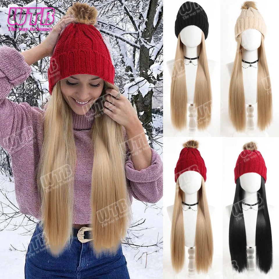 Straight Hat wigs Cap with Hair Hat Wig Golden Straight Wig Connect Synthetic Hair Women Warm Plush Knitted Autumn Winter Cap